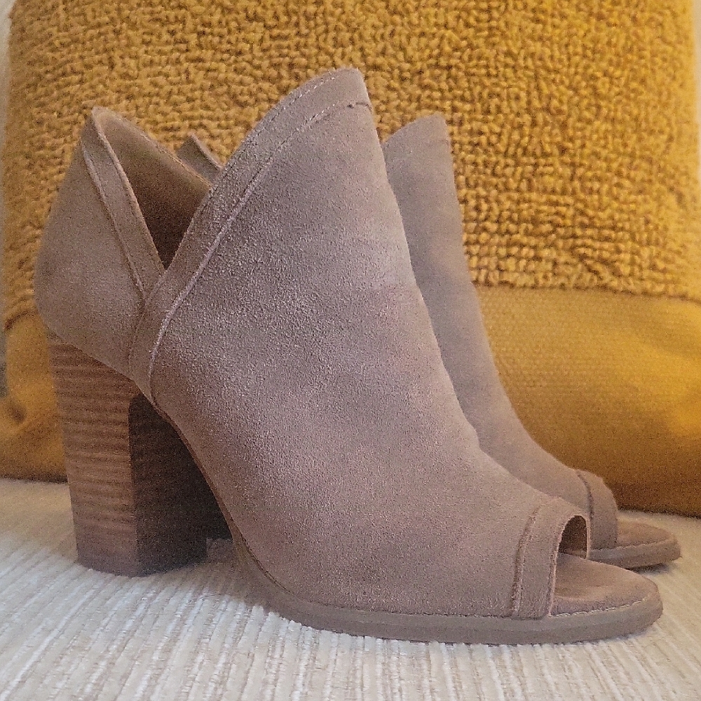 Suede Open-Toe Block Heel Booties - Taupe